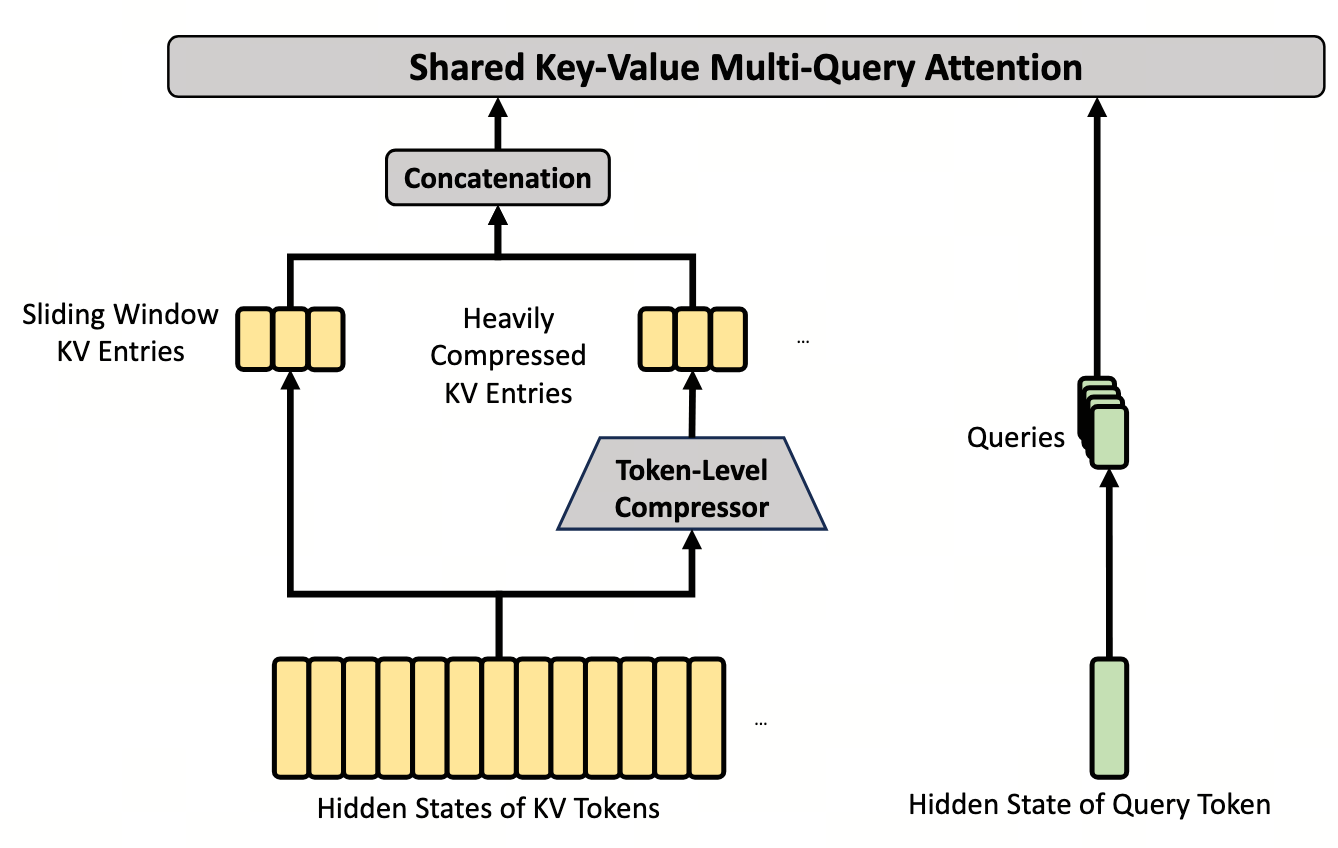 HCA 架构：Sliding Window + Heavily Compressed KV via Token-Level Compressor，concat 后进 Shared KV MQA